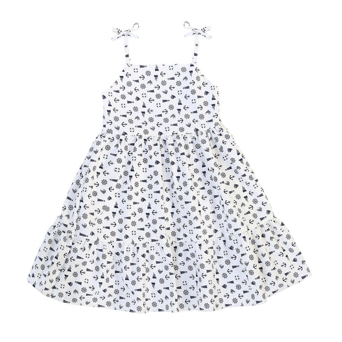 Girls White Nautical Print Shoulder Tie Cotton Dress, Sizes 2-14